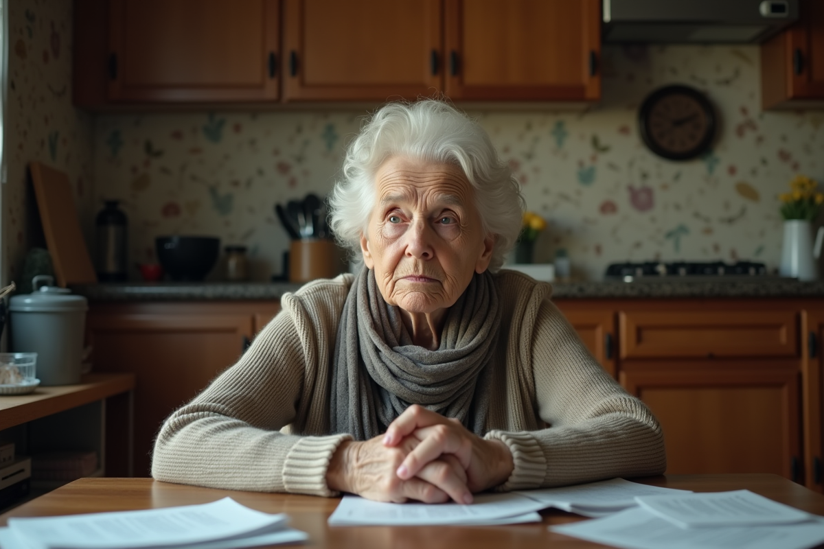 Femme âgée en cuisine avec papiers et expression contemplative