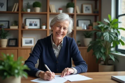 Femme souriante écrivant une carte de retraite dans un bureau cosy