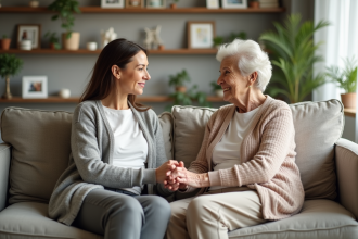 Femme aidant sa mère âgée dans un salon lumineux