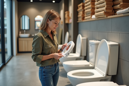Femme compare deux sièges de toilette modernes en showroom