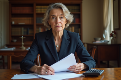 Femme française en blazer navy tenant documents dheritage