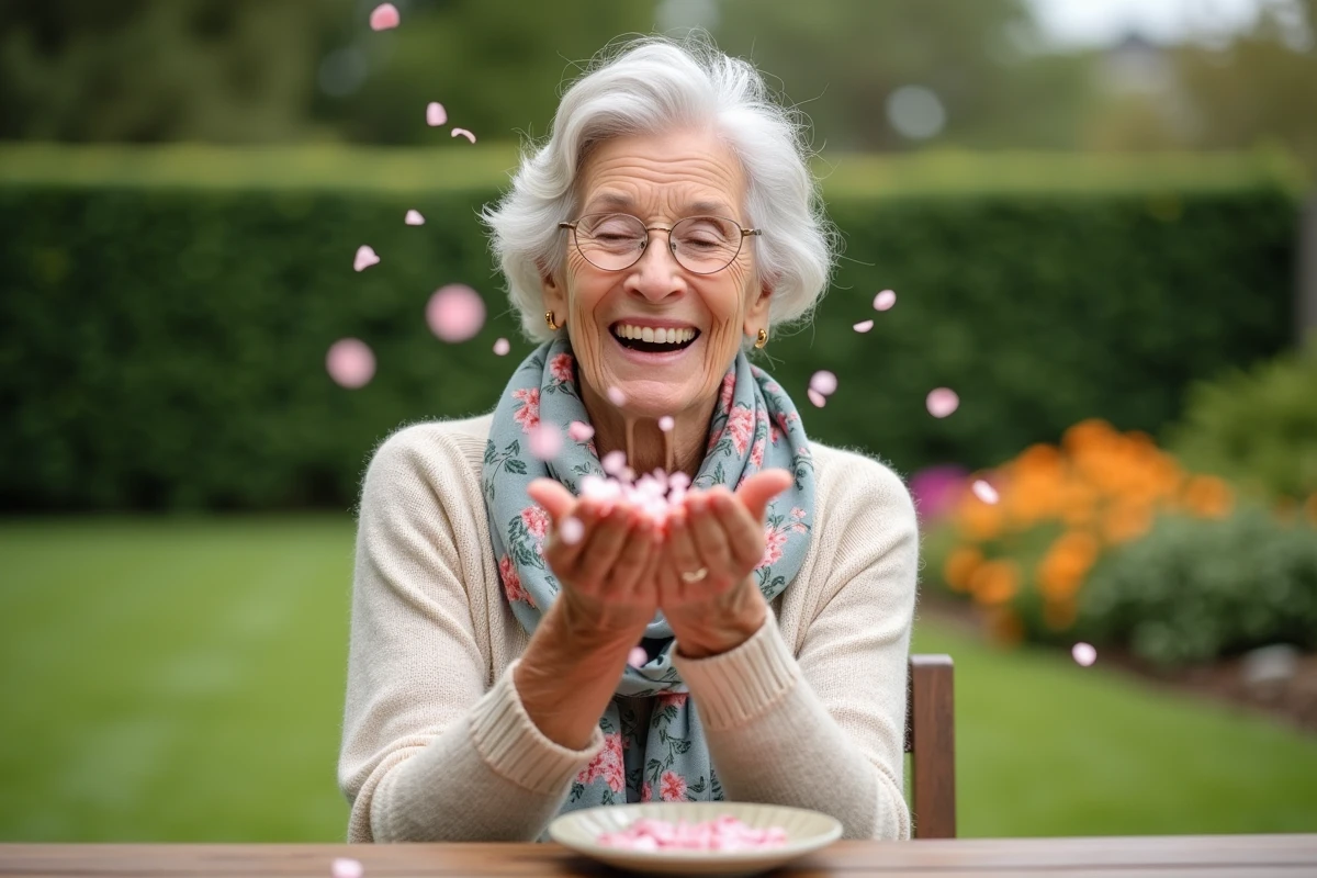 Femme âgée soufflant des confettis dans le jardin