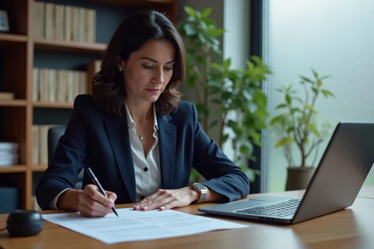 Femme consultant des documents juridiques sur la géolocalisation et les traceurs GPS, dans un bureau professionnel en France