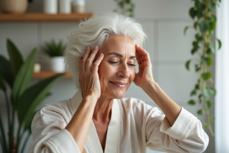 Femme d'âge moyen massant ses cheveux avec une huile naturelle