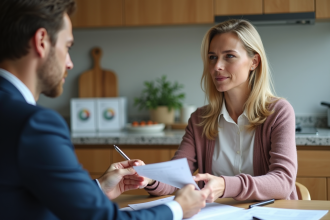 Femme d'âge moyen discutant de documents financiers avec un jeune homme