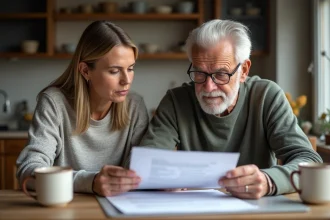 Femme et père âgé examinant des documents à la cuisine