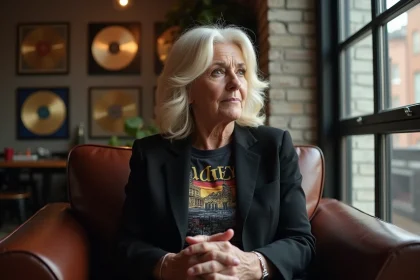 Femme mature aux cheveux platine dans un loft urbain