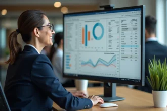 Femme professionnelle utilisant un logiciel de télégestion LOGISFIL sur un écran d'ordinateur dans un bureau moderne