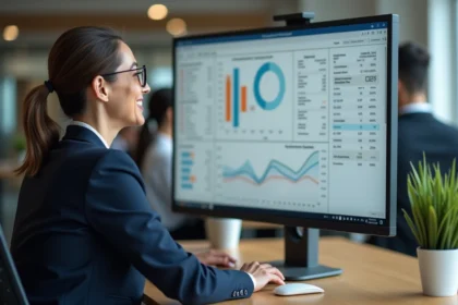 Femme professionnelle utilisant un logiciel de télégestion LOGISFIL sur un écran d'ordinateur dans un bureau moderne