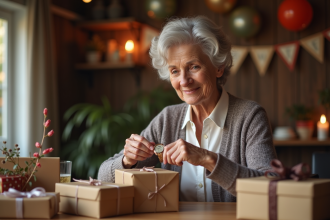 Femme souriante en retraite découvrant un montre gravée