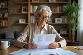 Femme retraitée examine des documents à la maison