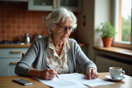 Femme retraitée examinant ses documents de retraite scolinfo avec une expression perplexe dans une cuisine