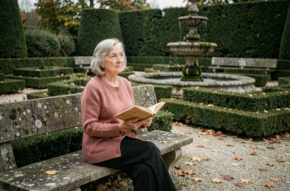Femme retraitée lisant un recueil de poésie française dans un jardin à la française en automne, atmosphère romantique du XIXe siècle