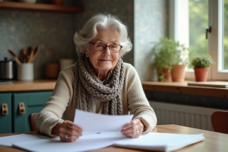 Femme retraitée souriante avec papier dans une cuisine chaleureuse