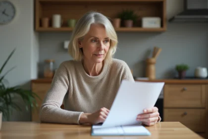 Femme d'âge moyen relisant des papiers dans une cuisine chaleureuse