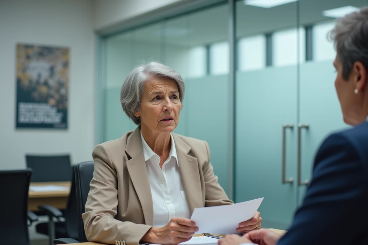 Femme senior en entretien dans une agence pour l'emploi discutant de ses obligations de formation et de recherche d'emploi après 62 ans