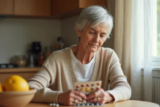 Femme senior examinant une boîte de compléments alimentaires Azinc dans sa cuisine, illustrant les effets secondaires possibles