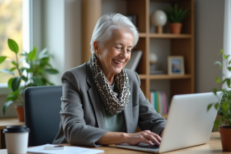 Femme senior souriante travaillant sur son ordinateur dans un bureau lumineux