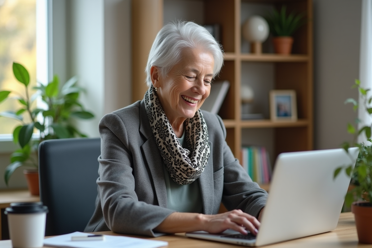 Femme senior souriante travaillant sur son ordinateur dans un bureau lumineux