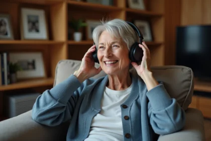 Femme senior portant un casque TV sans fil confortablement installée dans son salon