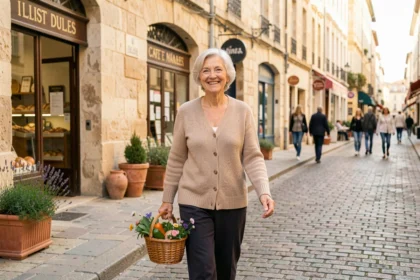 Femme senior souriante faisant ses courses à pied dans une rue commerçante de Nîmes, illustrant la proximité des commodités pour les résidences seniors