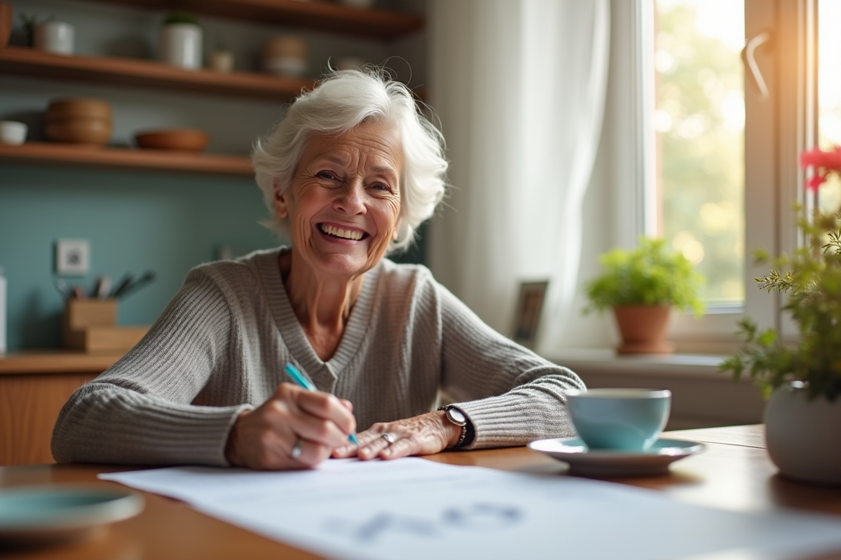 Femme senior souriante remplissant un formulaire à la maison