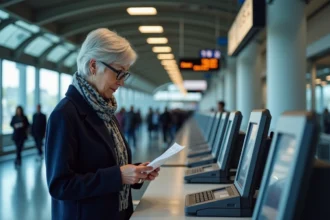 Femme senior consultant un document tarifaire SNCF au guichet d'une gare française