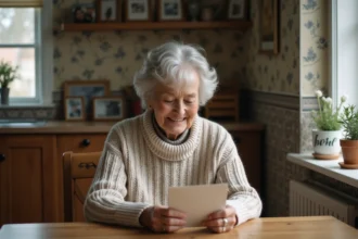 Femme âgée lisant une carte dans une cuisine chaleureuse