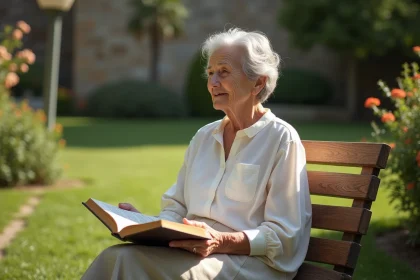 Femme âgée souriante dans un jardin ensoleille avec livre