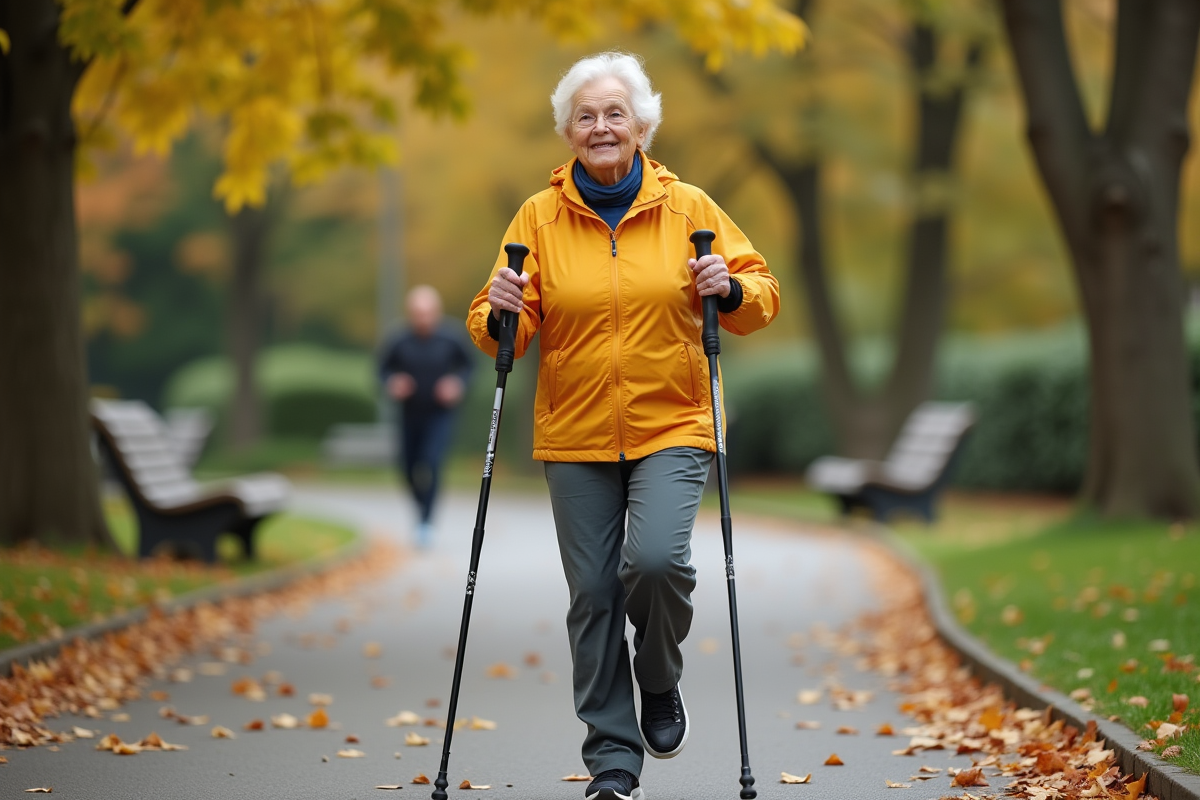 Femme senior en marche nordique dans un parc urbain