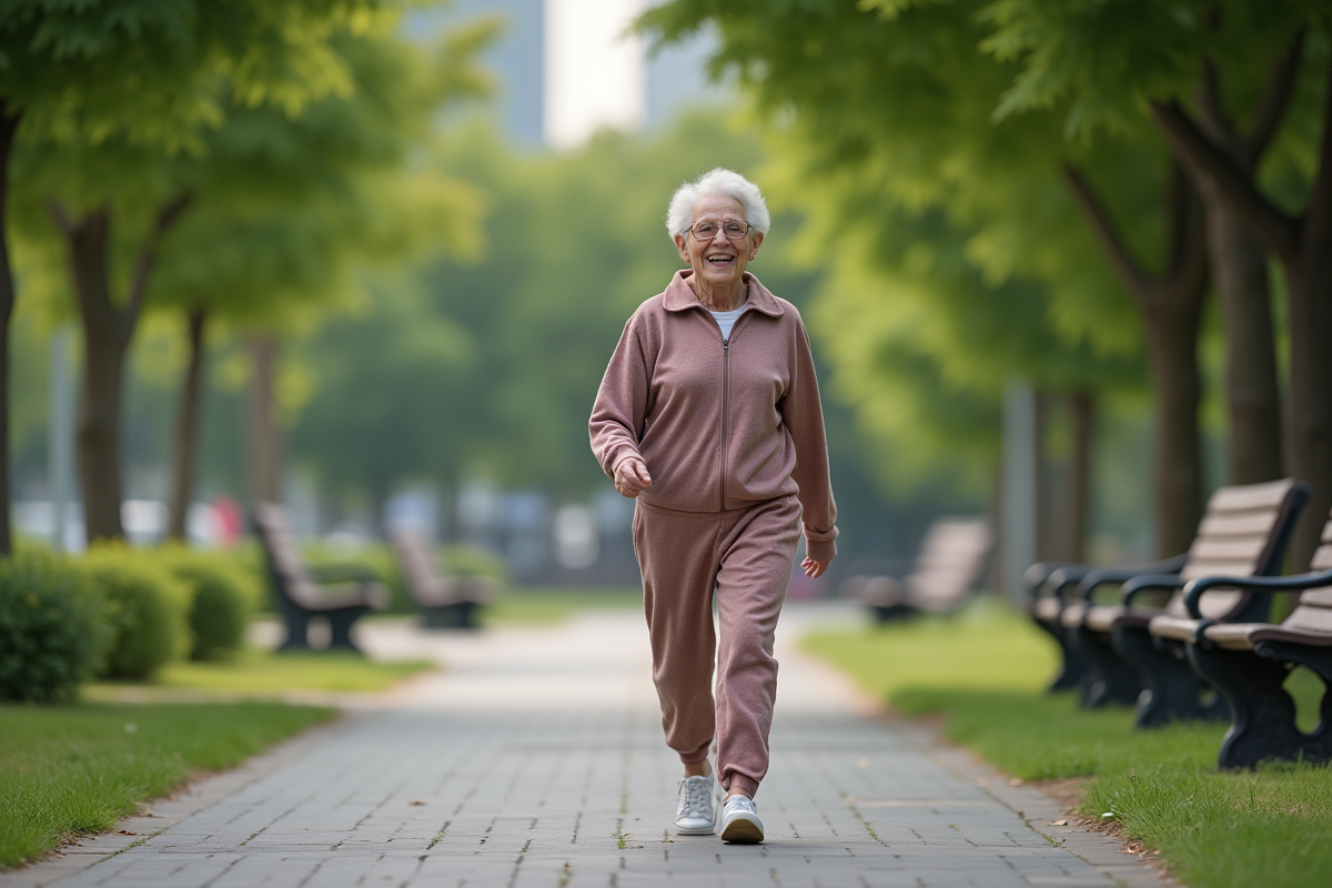 Femme senior en marche dans un parc verdoyant