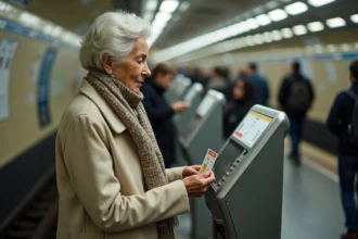Femme senior examinant sa carte de transport dans le métro parisien