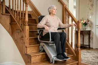Femme senior assise sur un monte escalier mobile sans installation dans un intérieur français classique, exprimant sécurité et autonomie