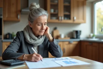 Femme senior réfléchissant à ses papiers de pension à la maison