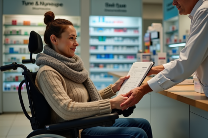 Femme âgée en fauteuil électrique à la pharmacie
