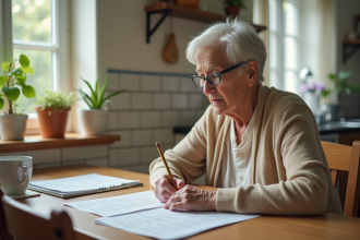 Femme senior remplissant des formulaires APA dans la cuisine
