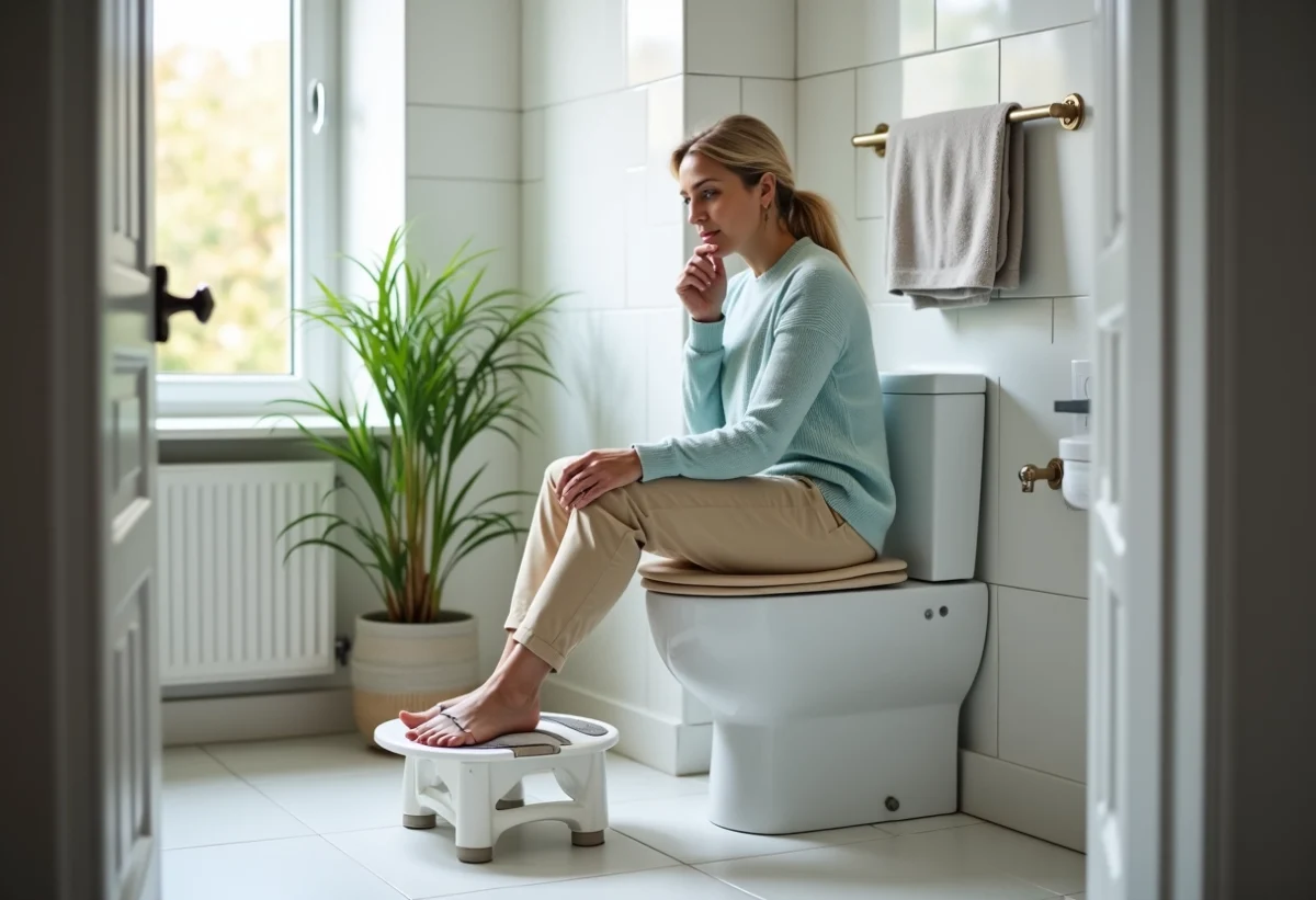 Femme d'âge moyen dans une salle de bain moderne et accessible