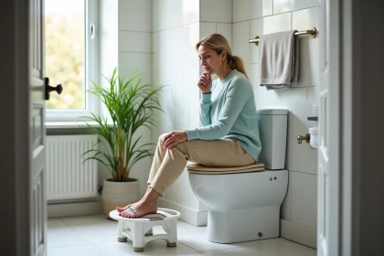 Femme d'âge moyen dans une salle de bain moderne et accessible