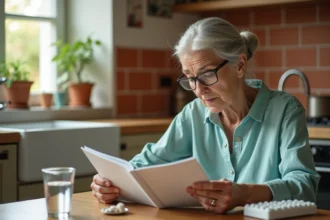 Femme senior consultant un carnet de santé dans sa cuisine, avec un organisateur de médicaments et un verre d'eau sur la table en bois