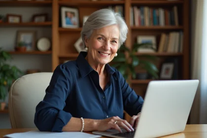 Femme senior souriante travaillant à son bureau à domicile