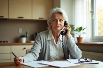 Femme senior au téléphone cherchant à contacter la CNAV pour ses démarches retraite