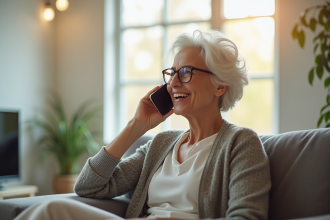 Femme senior souriante parlant au téléphone dans un salon lumineux