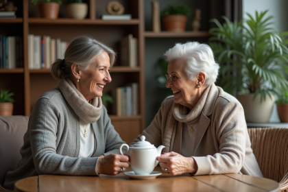 Femme d'âge moyen partageant un thé avec une senior dans un salon chaleureux