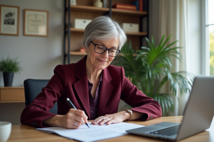 Femme d'environ 60 ans signant des documents dans un bureau moderne