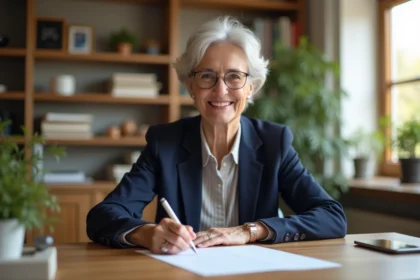 Femme souriante signant une lettre de retraite dans un bureau organisé