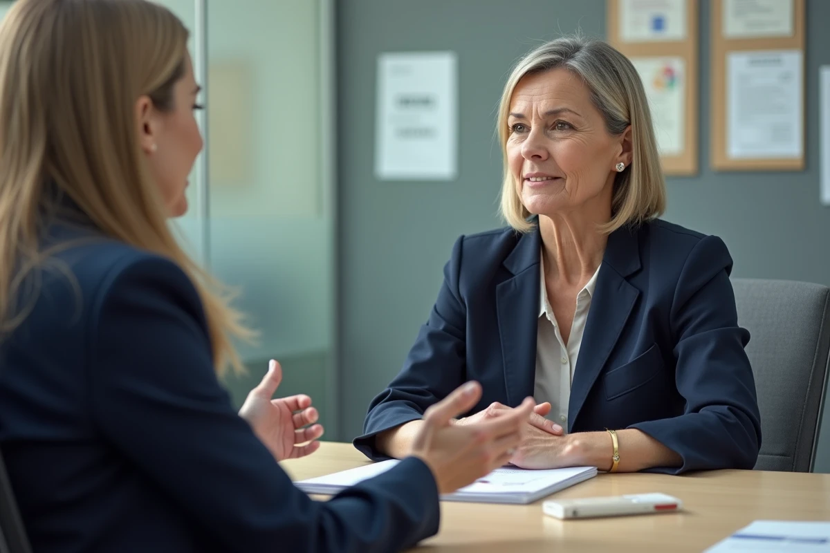 Femme en blazer écoute un travailleur social dans un bureau