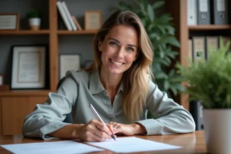 Femme souriante en bureau écrivant une lettre