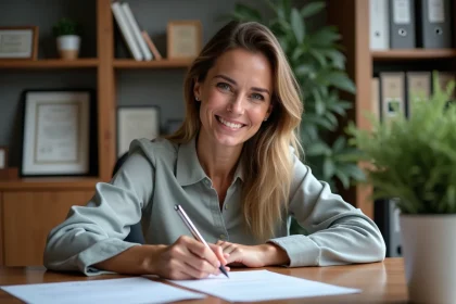 Femme souriante en bureau écrivant une lettre