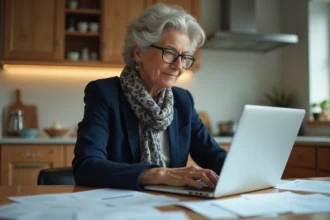 Femme d'une soixantaine assise à une table de cuisine