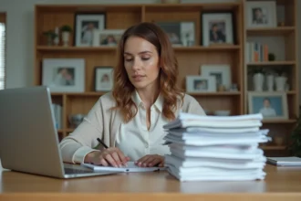 Femme organisée travaillant à la maison avec documents